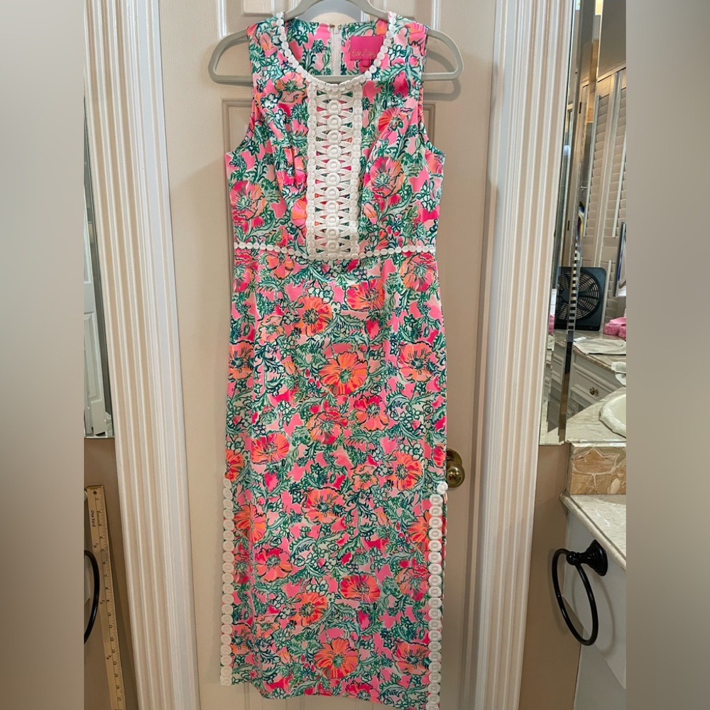 Lilly Pulitzer Sleeveless Pink Floral Maxi Dress with White Lace Trim